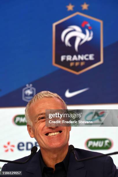 French football team head coach Didier Deschamps looks on during a press conference at the French Football Federation headquarters on November 07,...