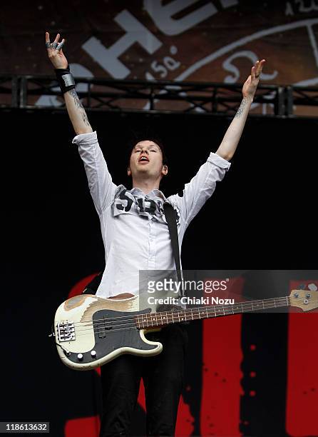 Jason McCaslin of Sum 41 performs on day two of the Sonisphere festival at Knebworth House on July 9, 2011 in Stevenage, England.