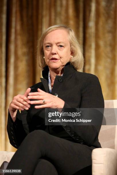 Meg Whitman speaks onstage at Women's Forum Of New York Breakfast Of Corporate Champions on November 07, 2019 in New York City.