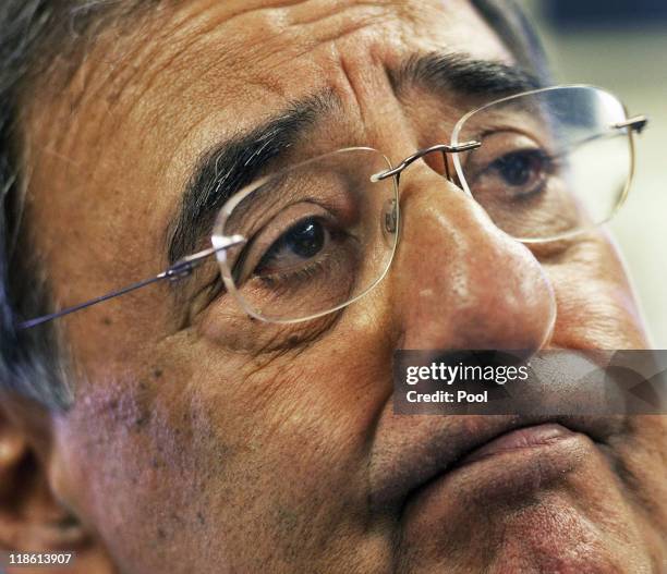 Secretary of Defense Leon Panetta conducts a press briefing aboard his military aircraft enroute to Kabul, Afghanistan to meet with troops, military...