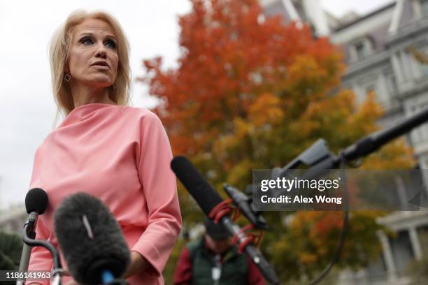 White House senior counselor Kellyanne Conway speaks to members of the media outside the West Wing of the White House November 7, 2019 in Washington,...