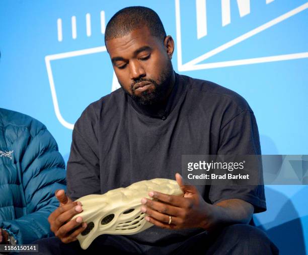 Kanye West speaks on stage at the "Kanye West and Steven Smith in Conversation with Mark Wilson" at the on November 07, 2019 in New York City.