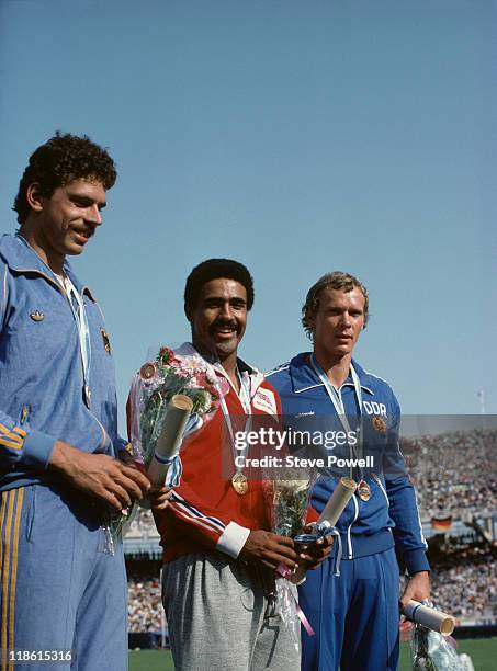 The medallists in the Men's Decathlon at the European Athletics Championships at the Olympic Stadium in Athens, Greece, September 1982. Left to...