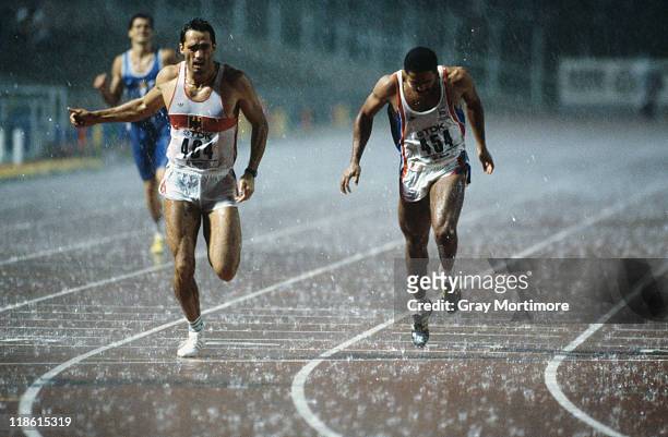 Siegfried Wentz of West Germany and Daley Thompson of Great Britain competing in the 400 Metres of the Men's Decathlon event at the World...