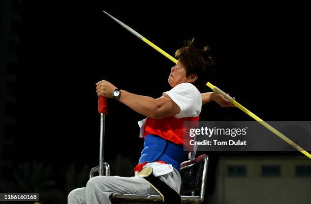 Liwan Yang of China wins the Women's Javelin F54 on Day One of the IPC World Para Athletics Championships 2019 Dubai on November 07, 2019 in Dubai,...