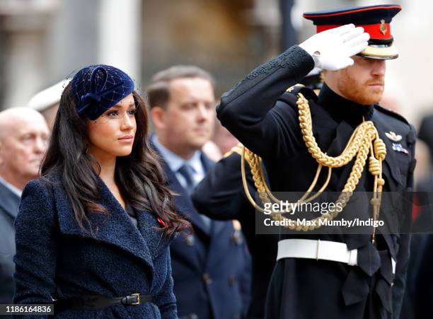 Meghan, Duchess of Sussex and Prince Harry, Duke of Sussex attend the 91st Field of Remembrance at Westminster Abbey on November 7, 2019 in London,...