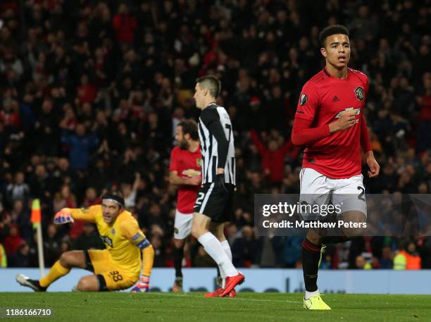Mason Greenwood of Manchester United celebrates scoring their first goal during the UEFA Europa League group L match between Manchester United and...