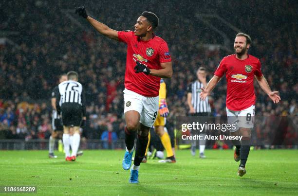 Anthony Martial of Manchester United celebrates after scoring his team's second goal during the UEFA Europa League group L match between Manchester...