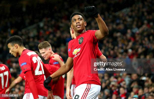 Anthony Martial of Manchester United celebrates after scoring his team's second goal during the UEFA Europa League group L match between Manchester...