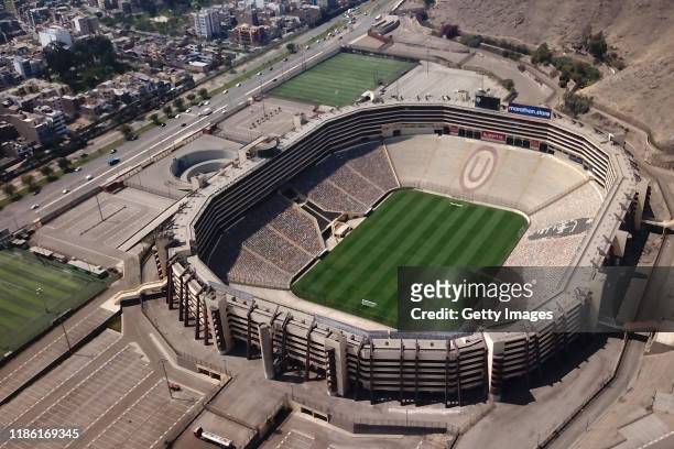 Aerial view of Estadio Monumental de Lima on November 07, 2019 in Lima, Peru. As a result of the protests and social unrest that started on October...