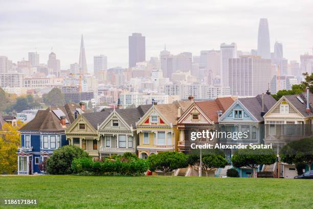 painted ladies victorian houses and san francisco skyline, california, usa - san francisco california foto e immagini stock