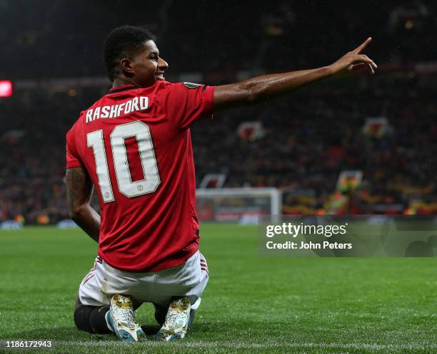 Marcus Rashford of Manchester United celebrates scoring their third goal during the UEFA Europa League group L match between Manchester United and...