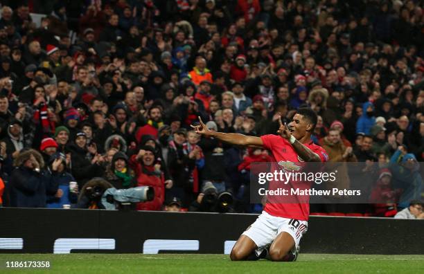 Marcus Rashford of Manchester United celebrates scoring their third goal during the UEFA Europa League group L match between Manchester United and...