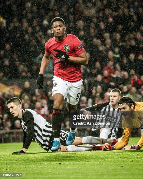 Anthony Martial of Manchester United celebrates scoring their second goal during the UEFA Europa League group L match between Manchester United and...