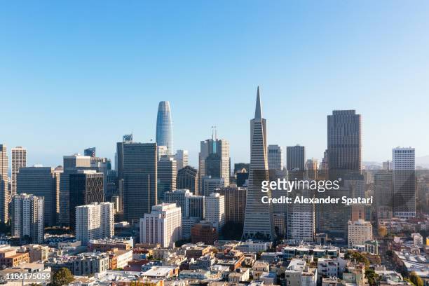 aerial view of san francisco skyline on a sunny day with clear blue sky, california, usa - skyline san francisco stock-fotos und bilder