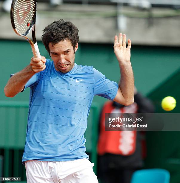 Mikhail Kukushkin of Kazakhstan in action during the match between Argentina and Kazakhstan for third day in the quarters final of the Copa Davis at...