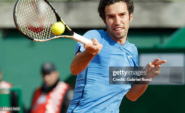 Mikhail Kukushkin of Kazakhstan in action during the match between Argentina and Kazakhstan for third day in the quarters final of the Copa Davis at...