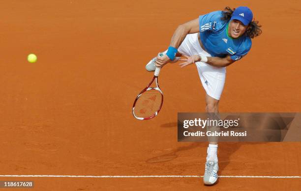 Juan Monaco of Argentina in action during the match between Argentina and Kazakhstan for third day in the quarters final of the Copa Davis at Parque...