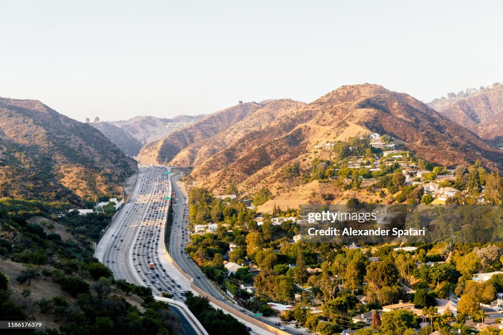 Highway 405 and surrounding hills in Los Angeles, California