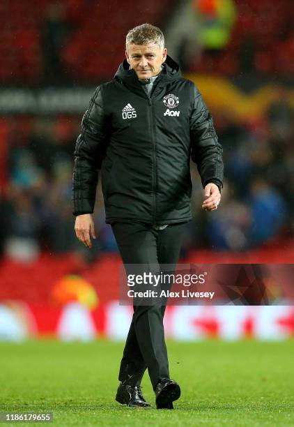 Ole Gunnar Solskjaer, Manager of Manchester United reacts during the UEFA Europa League group L match between Manchester United and Partizan at Old...