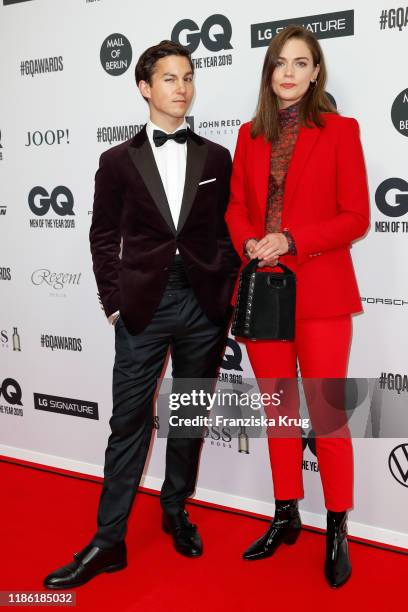 Tim Oliver Schultz and Laura Berlin arrive for the 21st GQ Men of the Year Award at Komische Oper on November 07, 2019 in Berlin, Germany.