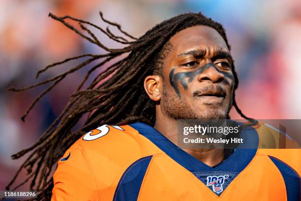 Alexander Johnson of the Denver Broncos on the sidelines before a game against the Cleveland Browns at Broncos Stadium at Mile High on November 3,...