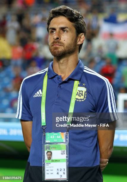 Head coach Pablo Aimar of Argentina is seen during the FIFA U-17 World Cup Brazil 2019 round of 16 match between Paraguay and Argentina at Estadio...