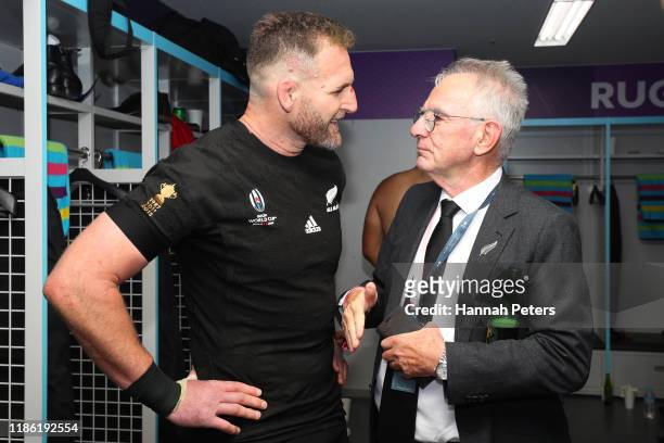 Kieran Read of the All Blacks is congratulated by New Zealand Rugby chairman Brent Impey following the Rugby World Cup 2019 Bronze Final match...