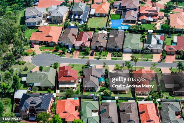 houses, streets, suburb on edge of city, urban sprawl in sydney, australia, aerial photography - cul de sac stock pictures, royalty-free photos & images