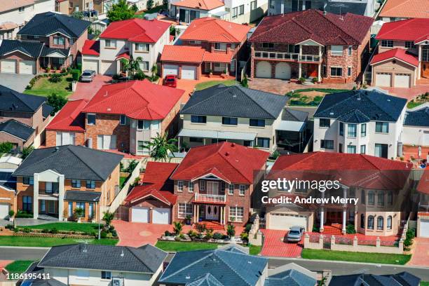 colourful houses in suburb, suburban streets, urban sprawl, city life in sydney, australia, aerial photography - australische kultur stock-fotos und bilder