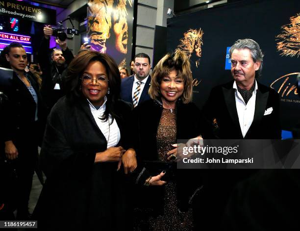 Oprah Winfrey, Tina Turner and Erwin Bach attend "Tina - The Tina Turner Musical" opening night at Lunt-Fontanne Theatre on November 07, 2019 in New...