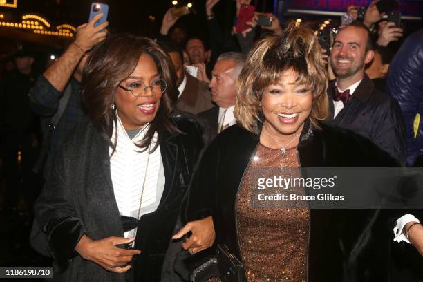 Oprah Winfrey and Tina Turner arrive at the opening night of "Tina - The Tina Turner Musical" at Lunt-Fontanne Theatre on November 07, 2019 in New...