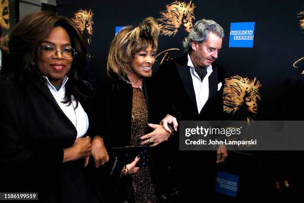 Oprah Winfrey, Tina Turner and Erwin Bach attend "Tina - The Tina Turner Musical" opening night at Lunt-Fontanne Theatre on November 07, 2019 in New...