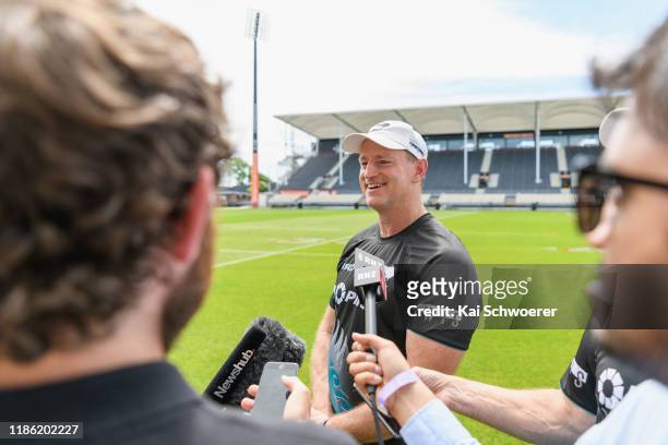 Head Coach Michael Maguire speaks to the media following a New Zealand Kiwis Rugby League training session at Orangetheory Stadium on November 08,...