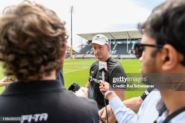 Head Coach Michael Maguire speaks to the media following a New Zealand Kiwis Rugby League training session at Orangetheory Stadium on November 08,...