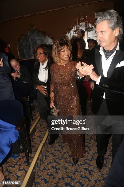 Oprah Winfrey, Tina Turner and Erwin Bach attend the opening night of "Tina - The Tina Turner Musical" at Lunt-Fontanne Theatre on November 07, 2019...