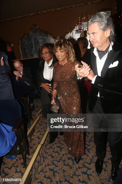 Oprah Winfrey, Tina Turner and Erwin Bach attend the opening night of "Tina - The Tina Turner Musical" at Lunt-Fontanne Theatre on November 07, 2019...