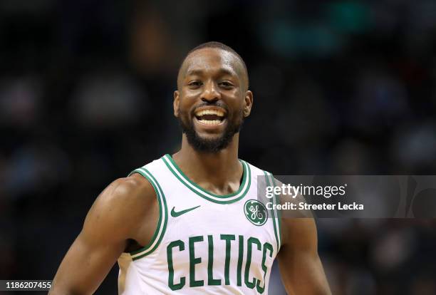 Kemba Walker of the Boston Celtics reacts after a play against the Charlotte Hornets during their game at Spectrum Center on November 07, 2019 in...
