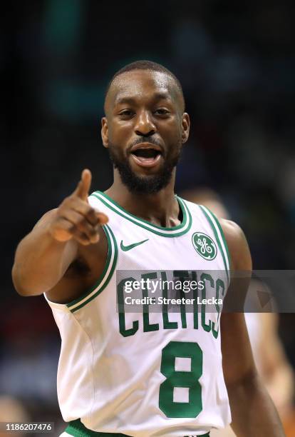 Kemba Walker of the Boston Celtics reacts after a play against the Charlotte Hornets during their game at Spectrum Center on November 07, 2019 in...