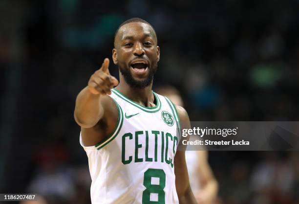 Kemba Walker of the Boston Celtics reacts after a play against the Charlotte Hornets during their game at Spectrum Center on November 07, 2019 in...