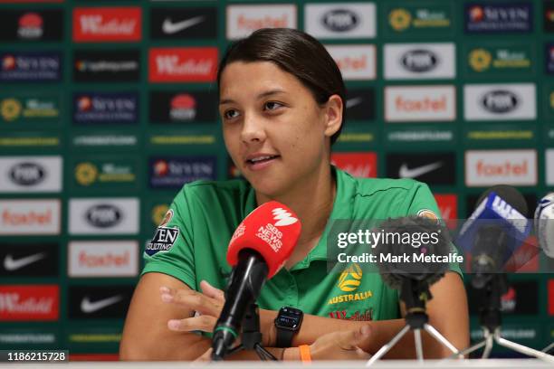 Sam Kerr of the Matildas speaks to media during an Australian Matildas press conference at Bankwest Stadium on November 08, 2019 in Sydney, Australia.