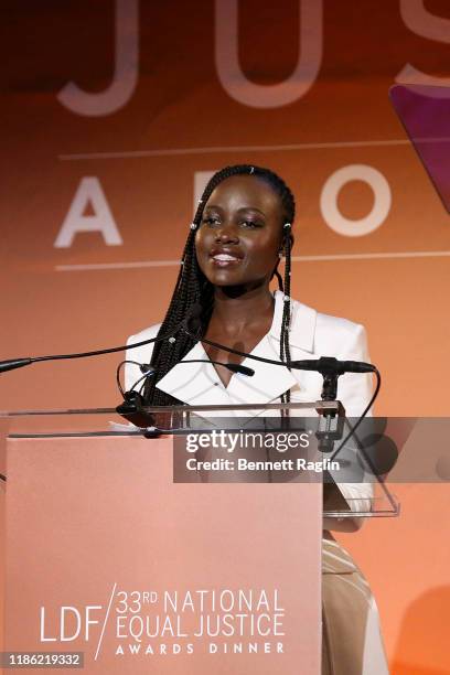 Lupita Nyong'o speaks onstage during the NAACP LDF 33rd National Equal Justice Awards Dinner at Cipriani 42nd Street on November 07, 2019 in New York...