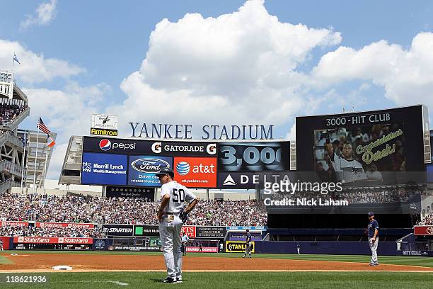 The jumbotron is seen after Derek Jeter of the New York Yankees hit his 3000th hit during a game against the Tampa Bay Rays at Yankee Stadium on July...
