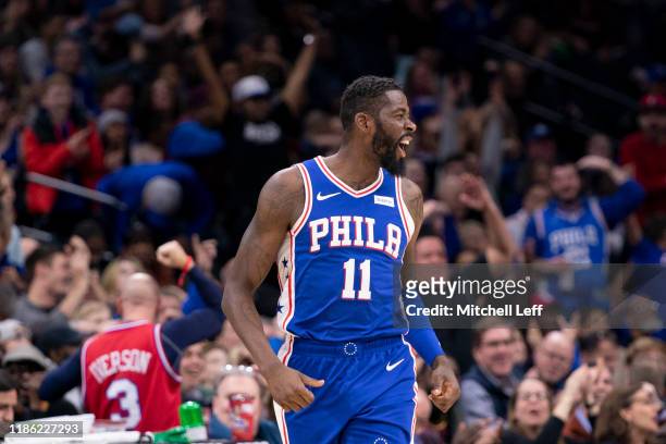 James Ennis III of the Philadelphia 76ers reacts against the Utah Jazz in the second quarter at the Wells Fargo Center on December 2, 2019 in...