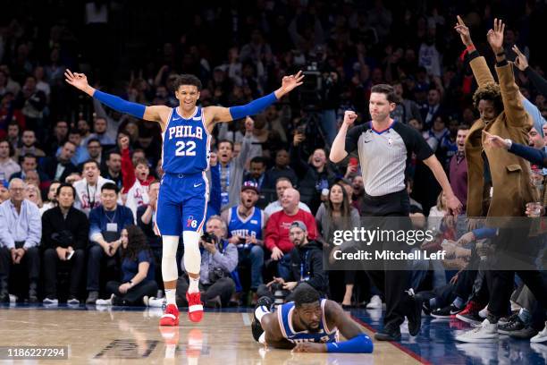 Matisse Thybulle of the Philadelphia 76ers reacts after James Ennis III made a basket and was fouled by the Utah Jazz in the second quarter at the...