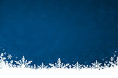 White colored snow and snowflakes at the bottom of a dark blue horizontal Christmas background vector illustration