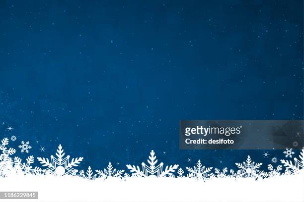 white colored snow and snowflakes at the bottom of a dark blue horizontal christmas background vector illustration - new year 2019 stock illustrations