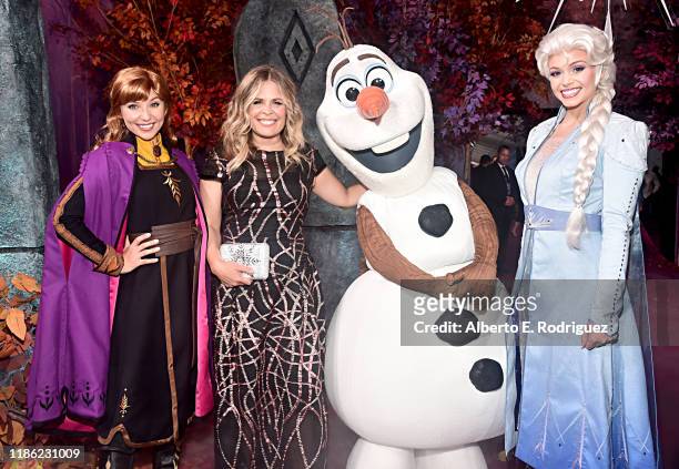 Anna, Director/writer/Walt Disney Animation Studios CCO Jennifer Lee, Olaf, and Elsa attend the world premiere of Disney's "Frozen 2" at Hollywood's...
