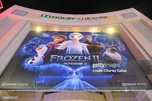 View of the signage at the world premiere of Disney's "Frozen 2" at Hollywood's Dolby Theatre on Thursday, November 7, 2019 in Hollywood, California.