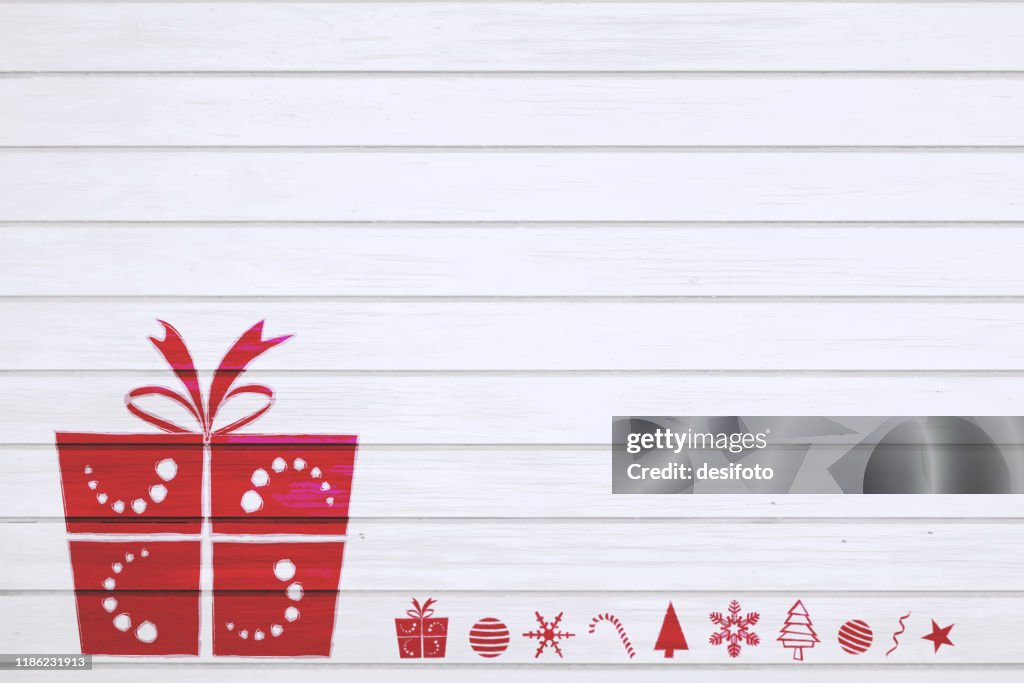 Modern white color lined or striped pattern wall texture grunge background Xmas vector illustration with a red colored Christmas gift box tied with a ribbon bow and other xmas ornaments, graffiti graffitied on wall